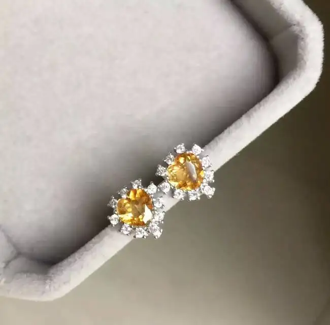 Женские серьги с натуральным цитрином из серебра 925 пробы желтым кристаллом