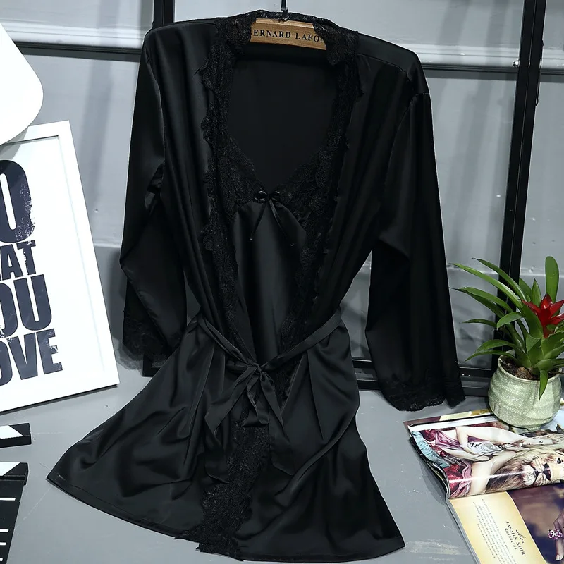 Сексуальный женский халат и платье с рукавом до локтя Комплект подкладкой