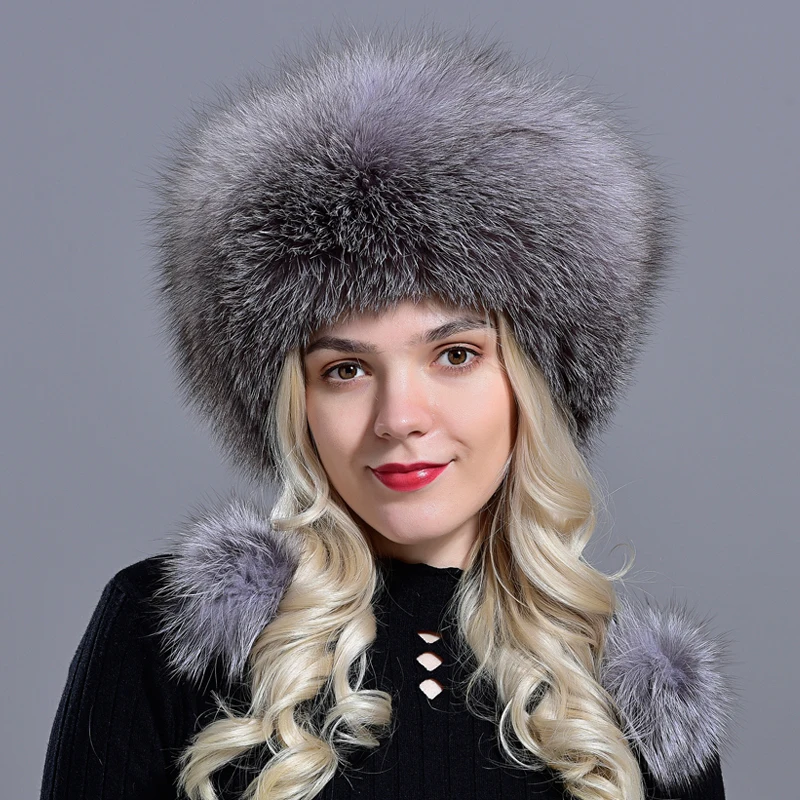 Raglaido Real Fox Fur Bomber Hat for Women with Leather Thick Warm Sheepskin 56-60cm Lady Winter Caps LQ11190