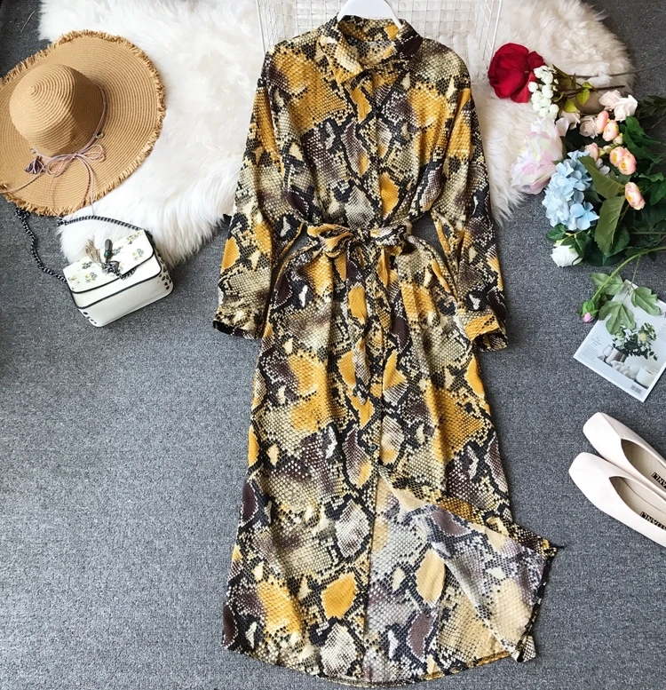 Змеиный принт женское длинное платье с длинным рукавом сплит шик одежда макси