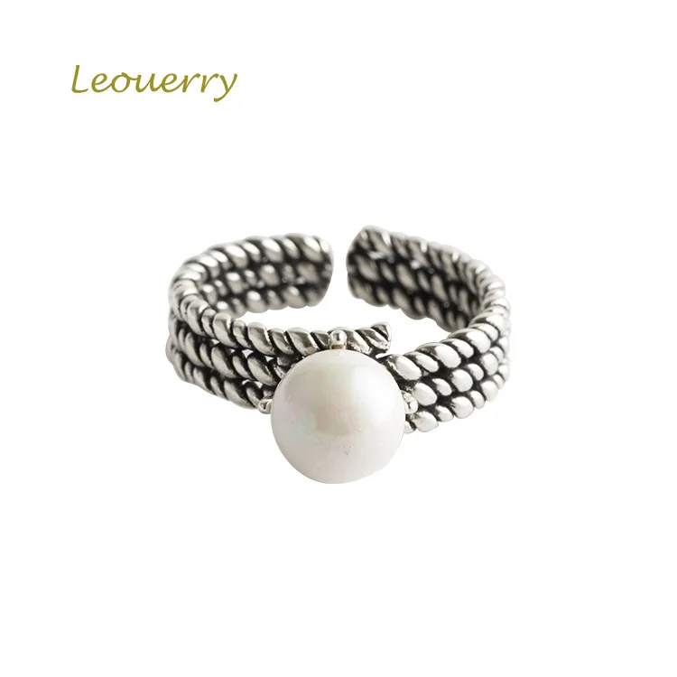

Leouerry 925 Sterling Silver Simple Vintage Twist Open Ring Personality Korean Style Pearl Ring for Women Fine Jewelry