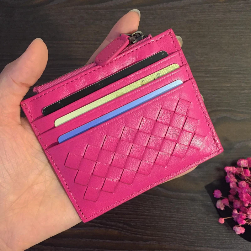 CAJIFUCO Classics Credit Card Holder Genuine Leather Porte Carte Lambskin Zipper Wallet Woven Coin Purse Carteira Masculina | Багаж и