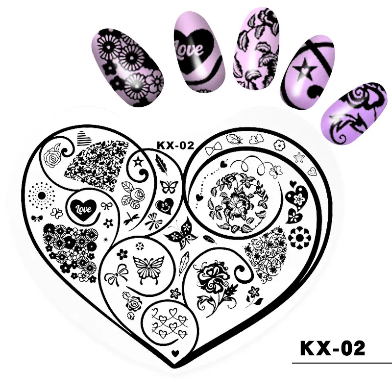 KX-02 1 шт. пластиковые штамповки в форме сердца для ногтей 10 дизайн с цветочным принтом трафарет штамп DIY шаблон для ногтей Передача маникюра - Цвет: KX-02