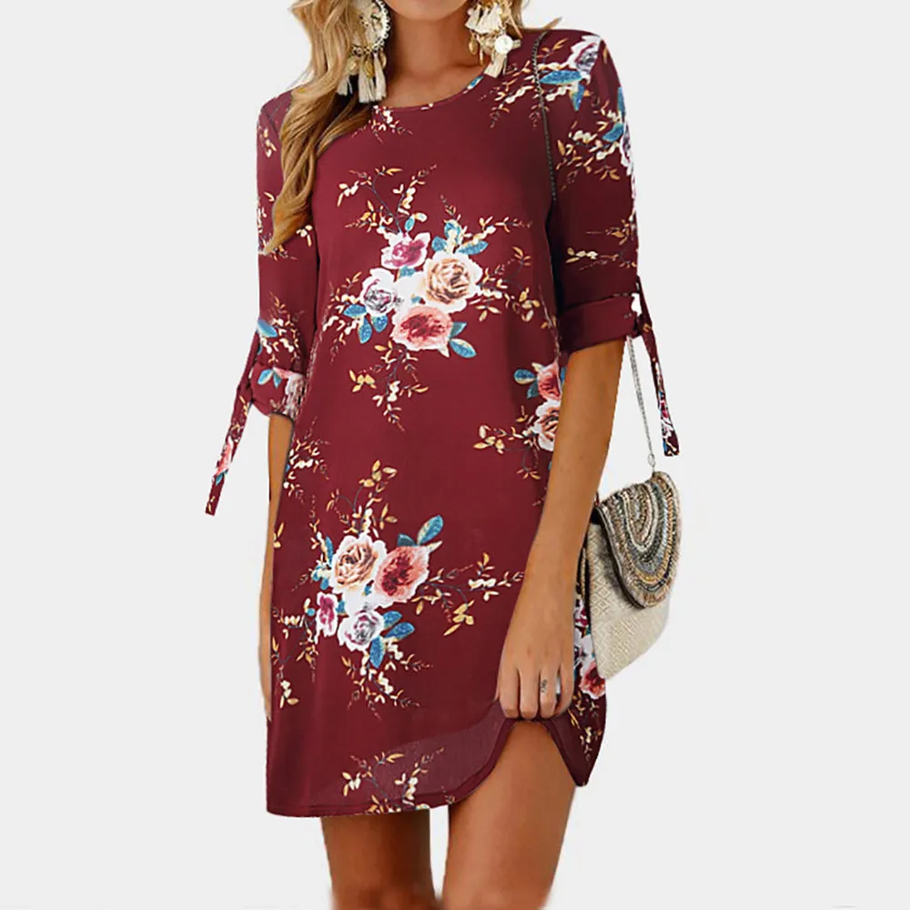 Женское платье с цветочным принтом и бантом на рукавах|Женские платья| |