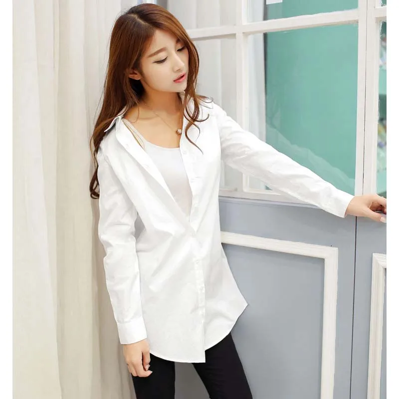 

2019 Shirt Female Long-sleeve Korean Spring Wind Loose Long Section Bottoming White Shirt Cotton Small Fresh Temperament Leisure