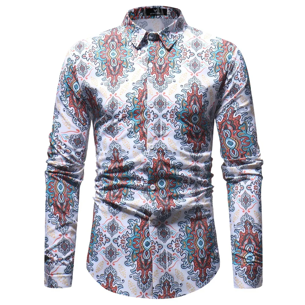 Mens Graffiti Prinded Floral Shirts 2018 New Brand Fashion Long Sleeve Shirt Casual Top Business Men Clothes Plus Size | Мужская одежда