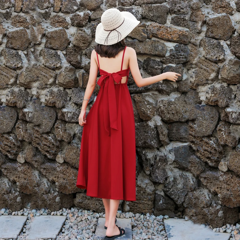 

Summer new women's Dress beach holiday red strapless bow dress bohemian V-neck sexy backless spaghetti strap dress