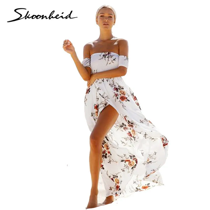 Женское шифоновое длинное платье с цветочным принтом и открытыми плечами