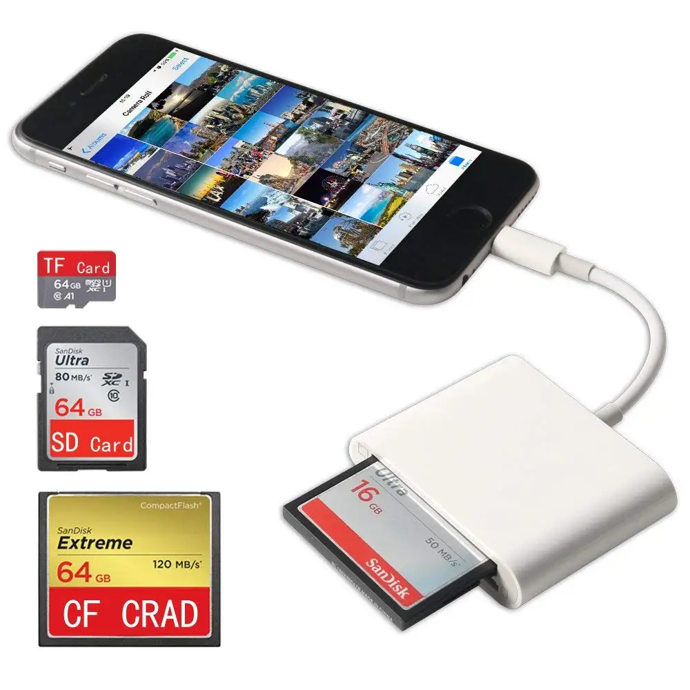 Портативный кардридер Lightning 3 слотный Flash для карт памяти CF/SD/TF/Micro SD/MD/MMC/SDHC/SDXC
