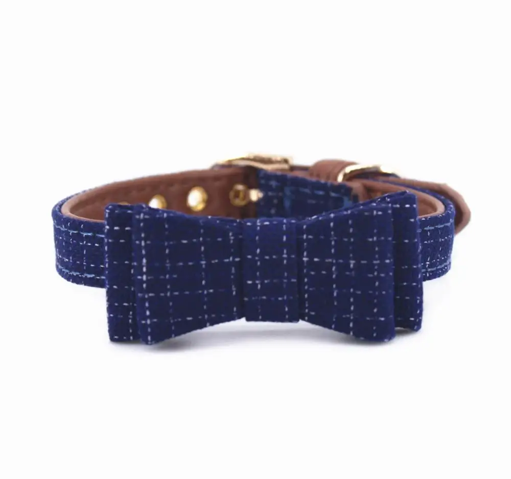 Dark Blue Collar Шотландка печать полиэстер ошейник для собак поводок для всех кошек и маленьких средних и больших собак с бантом ошейник для домашних животных поводок - Цвет: Dark Blue Collar