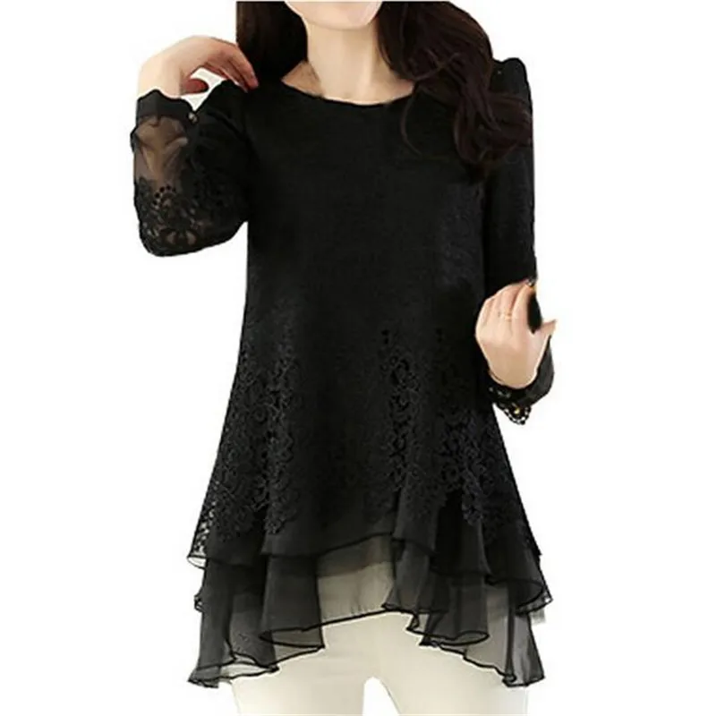 60351 black Новинка, осенняя Женская кружевная шифоновая Женская одежда, топы, блузка, модные блузы, женская одежда, черная, roupas, винтажная 60351 - Цвет: 60351 black