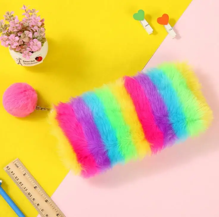 Kawaii мульти-Цвет цветные радужные карандаши чехол Для женщин девочек школьные принадлежности обувь на платформе из искусственного кроличьего меха; сапоги мяч для хранения косметических принадлежностей, помпон косметичка