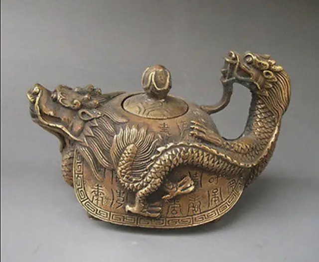 

5.98 inch / Rare Oriental copper Signed carved Dragon Teapot Statues