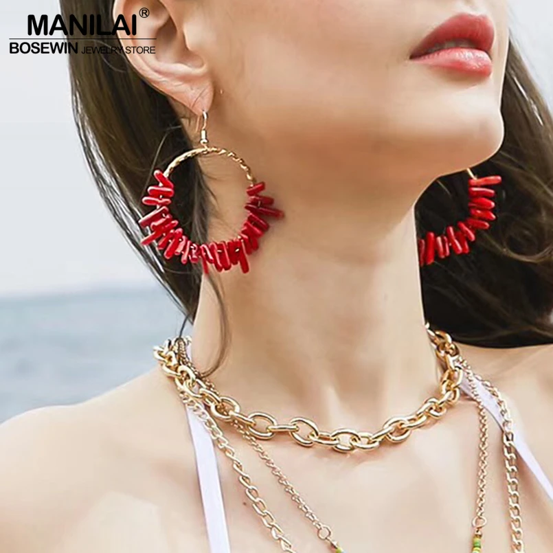 MANILAI Очаровательная Красная Коралловая Серьга Ювелирные изделия Модная медная