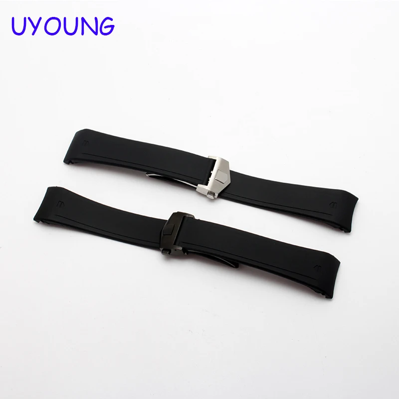 

UYOUNG watchband 22mm black silicone bracelet quality waterproof rubber strap folding clasp