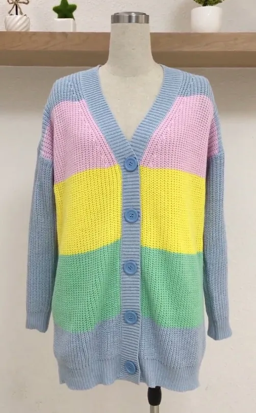 Autumn Women Knitted Cardigan Rainbow Patchwork Sweater Maccaron Color Stripes Loose Harajuku Women'S Sweaters |