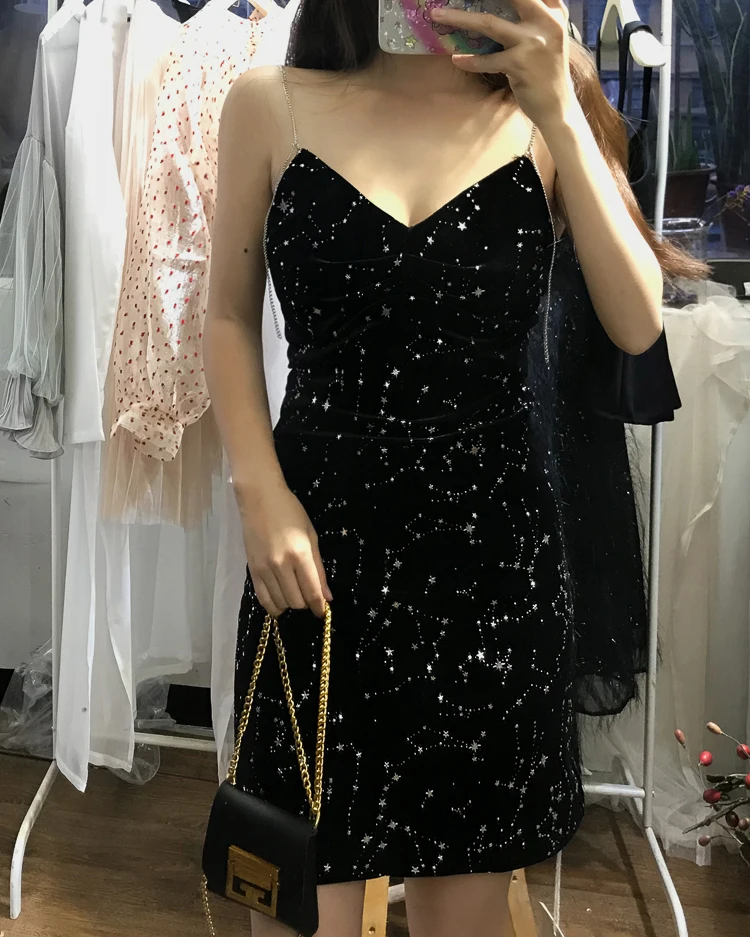 S XL черный бархат блестящие звезды летние v образный вырез женские вечерние для