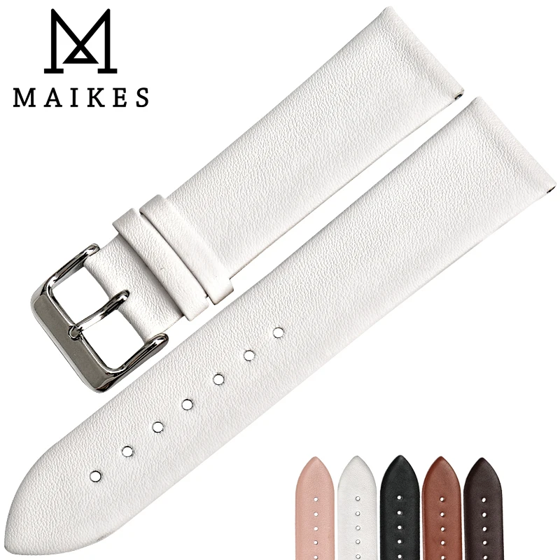 

MAIKES Women Watch Accessories White Watch Strap Thin Watchbands Stainless Steel Buckle Cow Genuine Leather Bracelet for 20mm