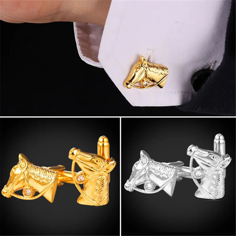 Запонки для мужчин желтое золото/серебристый цвет запонки в форме коня высокое