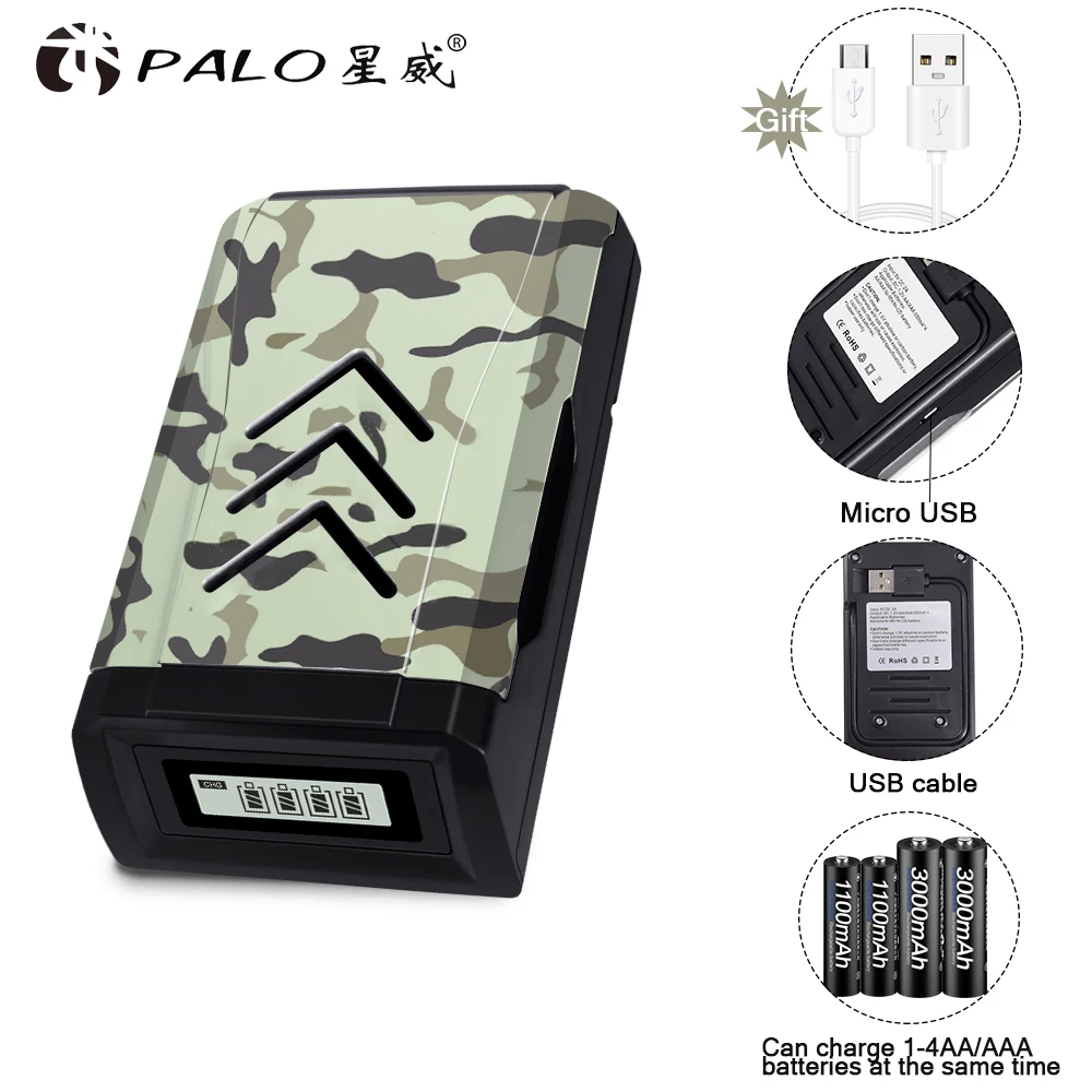 Умное зарядное устройство PALO 4 слота ЖК-дисплей USB для аккумуляторных батарей AA AAA