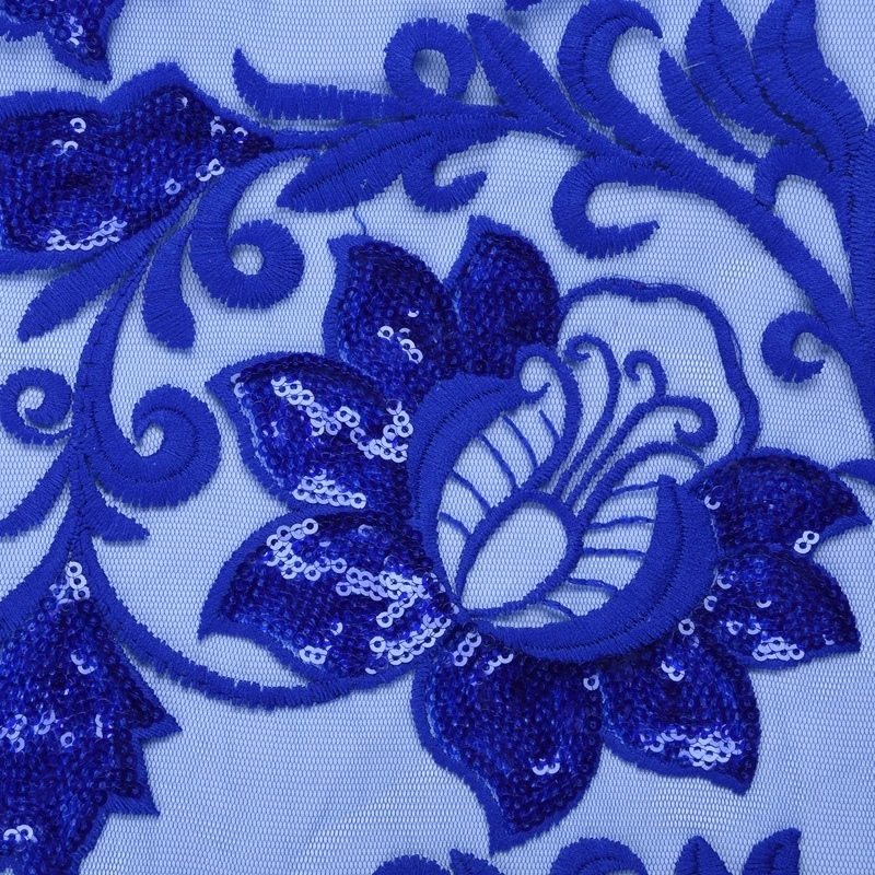 Latest Royal Blue African Embroidery Tulle Lace Fabric High Quality French Milk Silk Lace Fabric With Sequins 5 Yards 1611
