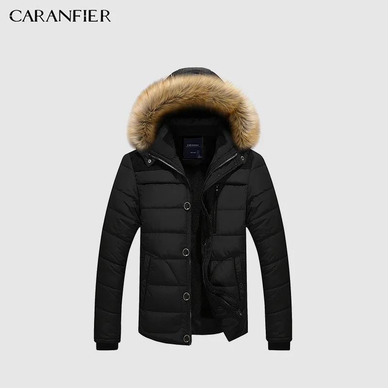 Черный CARANFIER новые мужские парки Плюс зимние Бархатные толстые ветрозащитные хлопковые длинные ветровки с капюшоном Повседневная теплая одежда высокого качества - Цвет: Черный
