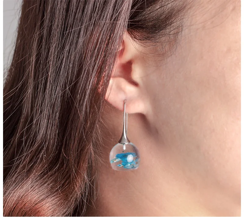 New creative Real Blossom Earrings Flowers In Resin Spheres Silvers ox Earwires Big Gift For Her | Украшения и аксессуары