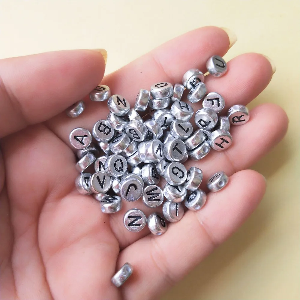 

500pcs/lot Silver Letter A Beads 4*7MM Flat Coin Round Shape Acrylic Plasitc Alphabet Jewelry Beads Alphabet Character Bead