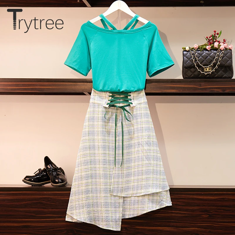 Trytree/летний женский костюм из двух предметов повседневный топ с вырезом + юбка