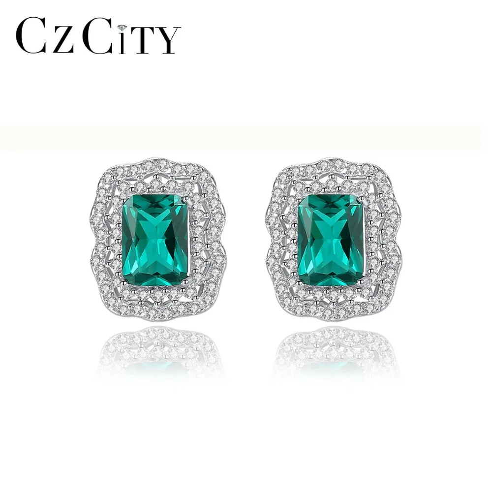 CZCITY Mystic Cutting Luxury Emerald Stud Earring For Women Shining Double Zircon Temperament Wedding Silver 925 Jewelry | Украшения и