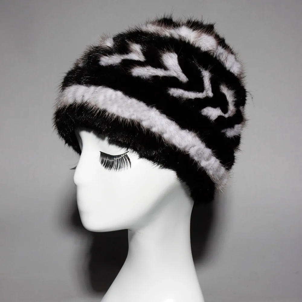 Вязаная шапка из меха норки для женщин в полоску натурального модель 15676 года|knitted