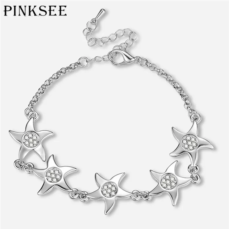 Модный браслет PINKSEE с кристаллами в виде морской звезды необычное серебряное