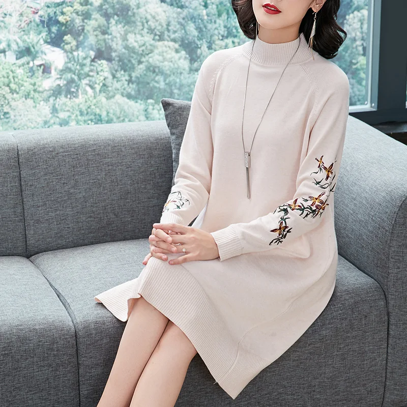 Autumn Winter women's turtleneck embroidery long sweater dress elegant ladies floral knit | Женская одежда