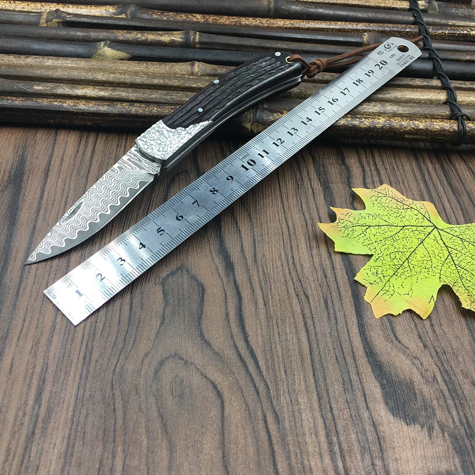 Складной нож ручной работы из дамасской стали 59HRC черного дерева портативный