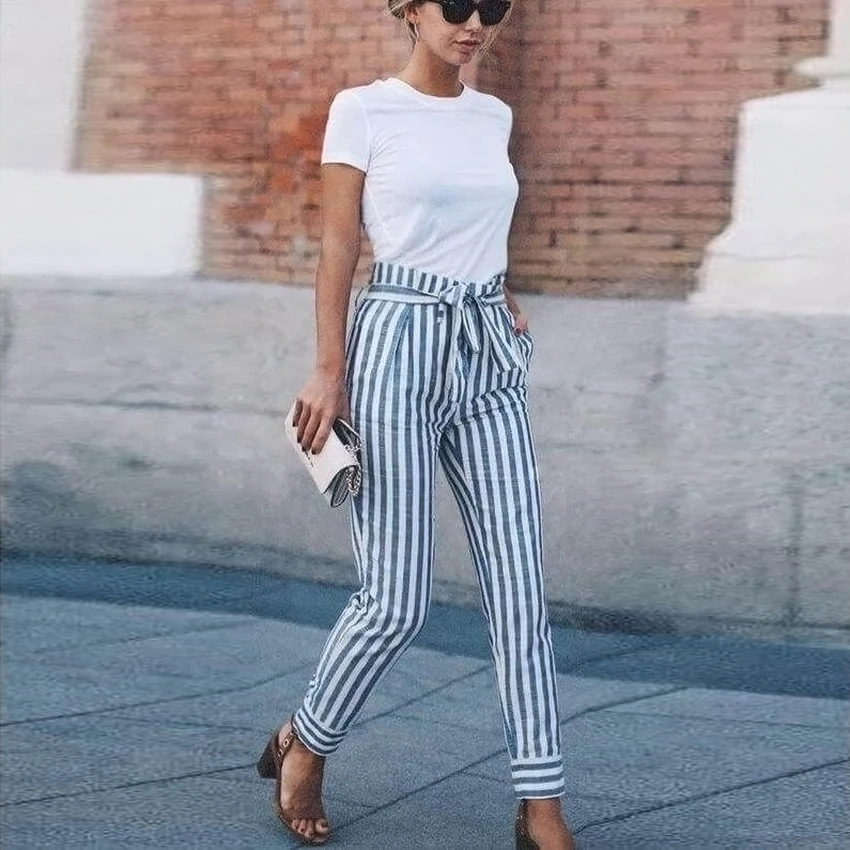 Синие полосатые узкие брюки женские карманные OL Стиль рабочие 2018 весна Высокая
