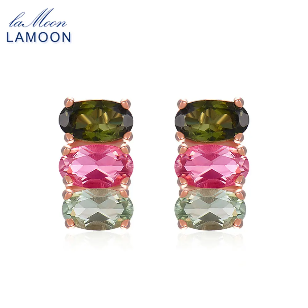 LAMOON Classic 100% Natural Multi-Color Oval Tourmaline 925 Sterling Silver Jewelry  S925 stud Earrings LMEI035