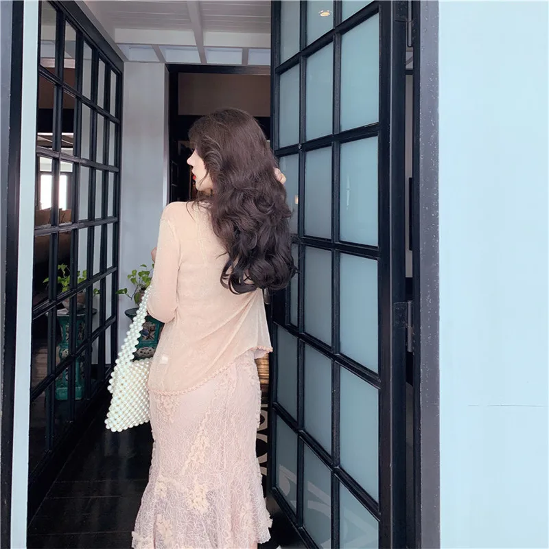 Korean Women 2 Piece Sets 2019 Sunscreen Cardigan And Lace Dress Two Summer Fashion Matching Outfits Sweet Suits | Женская одежда