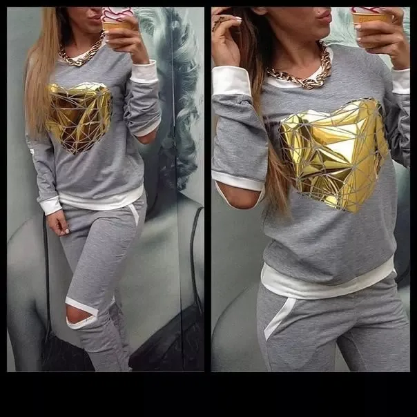 Новинка женский спортивный костюм с золотым сердцем дырочками толстовка