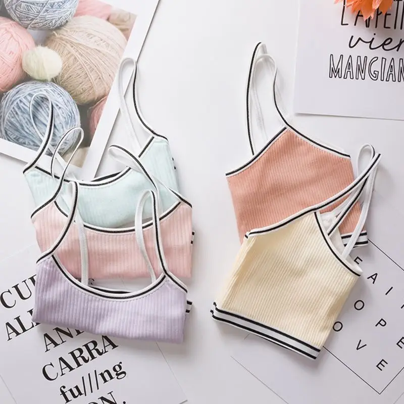 

Teenage Puberty Girl Sweet Candy Color Sport Training Bra Underwear Striped Patchwork Thread Ribbed Wireless Bralette Vest 8-16