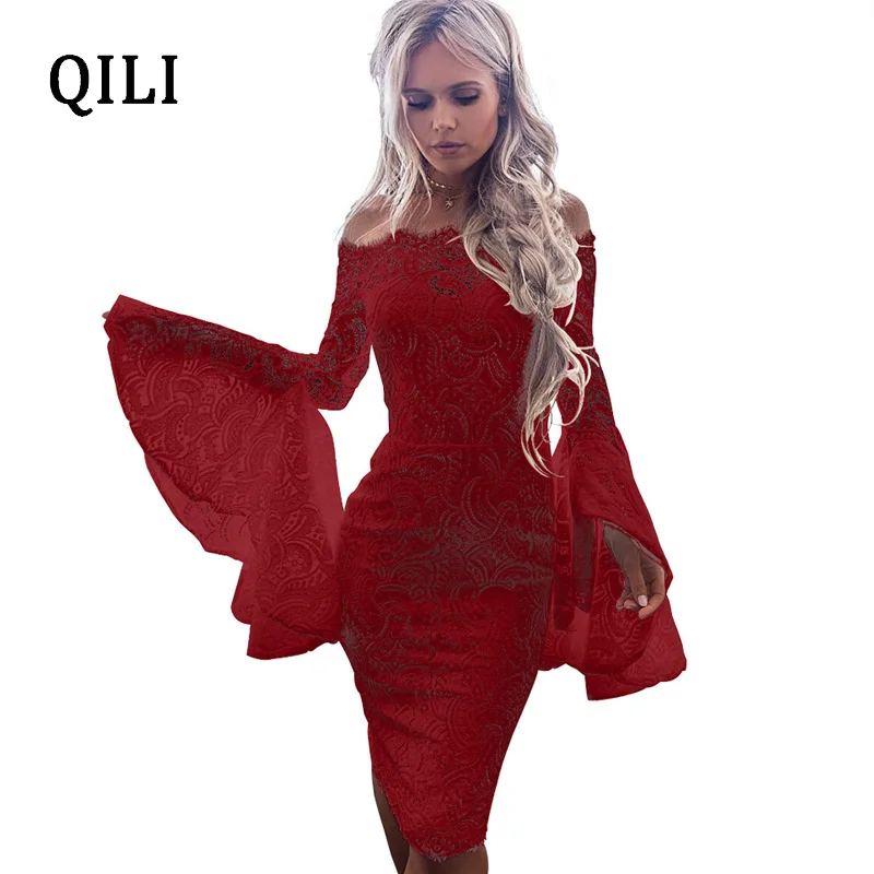 QILI/Белое Кружевное платье для женщин, сексуальное, с открытыми плечами, расклешенное, с длинным рукавом, с разрезом сзади, вечерние платья, Клубное облегающее платье, черное, белое, винно-красное