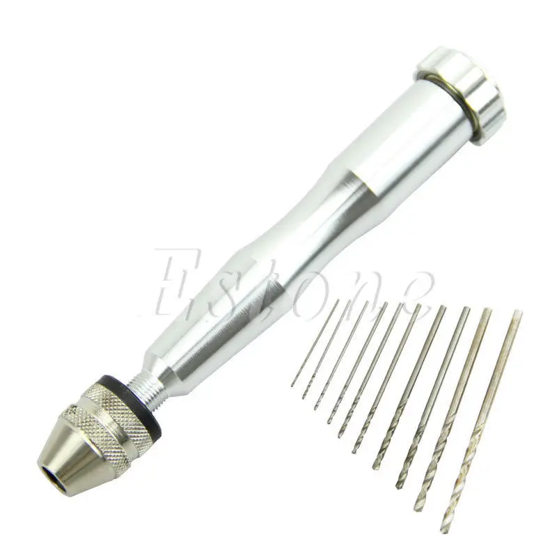 

Mini Micro Aluminum Hand Drill Drilling With Keyless Chuck +10 Twist Drills Bits L15