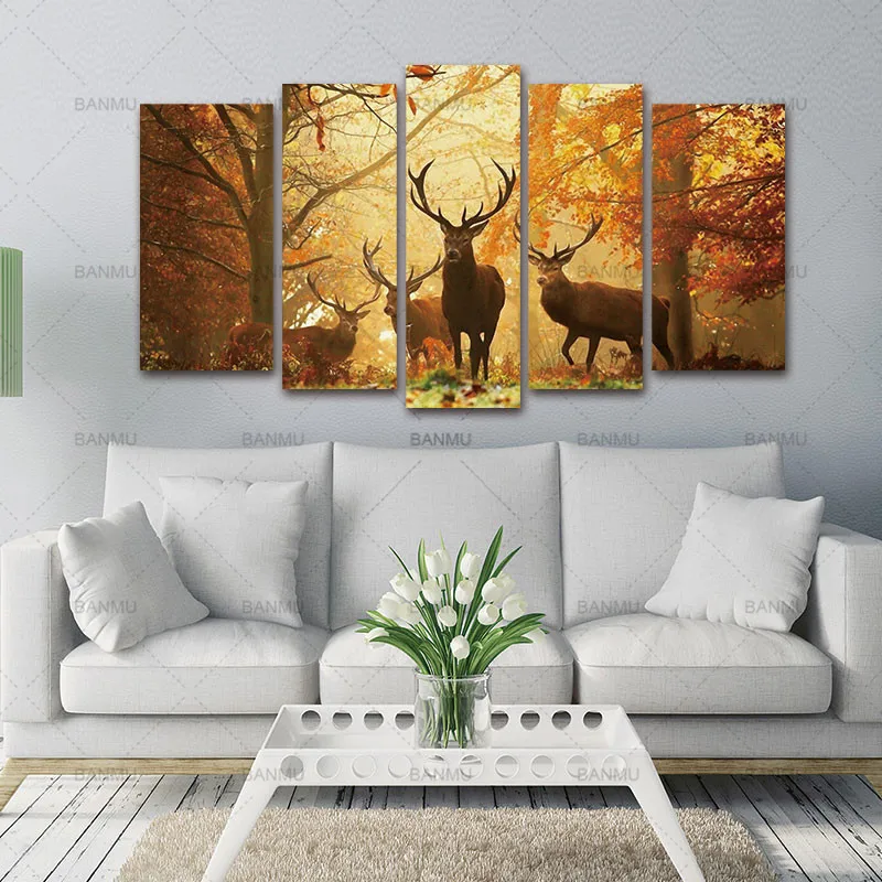 

No Frame 5PCS Deer Wall Painting Modern Tree Canvas Painting Art Animal Wall Picture Home Decor Living Room Bedroom