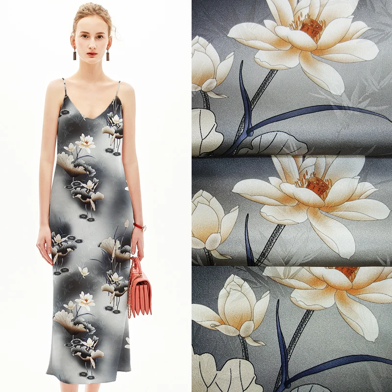 

118CM Wide 19MM Gray Lotus Jacquard Stretch Silk Satin Fabric Good for Summer Dress Skirt Shirt Pants JH006