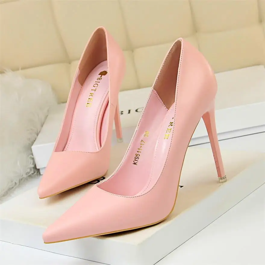Pink BIGTREE/модные женские туфли на высоком каблуке из мягкой кожи; яркие цвета; женские туфли-лодочки с острым носком; Женская офисная обувь на тонком каблуке - Цвет: Pink