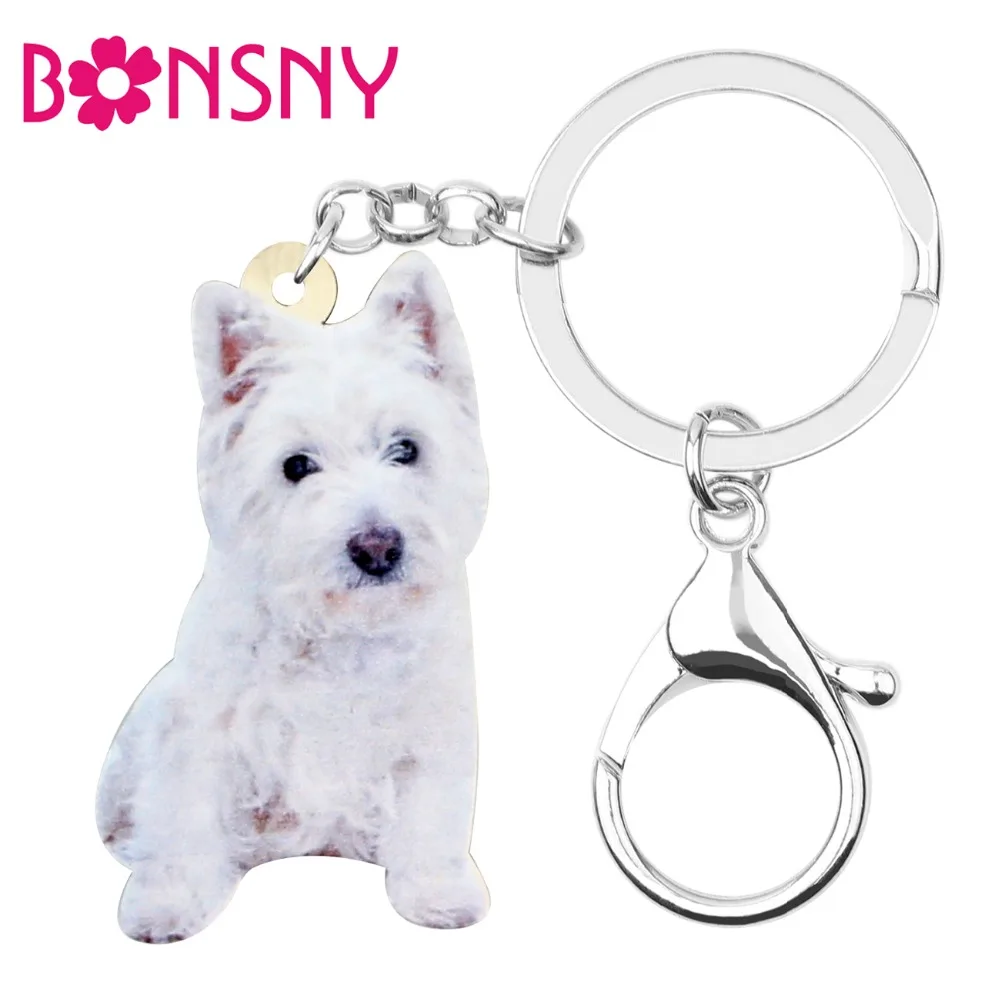 Bonsny акриловые брелки для ключей Sweet West Highland White Terrier кольца с животными украшения