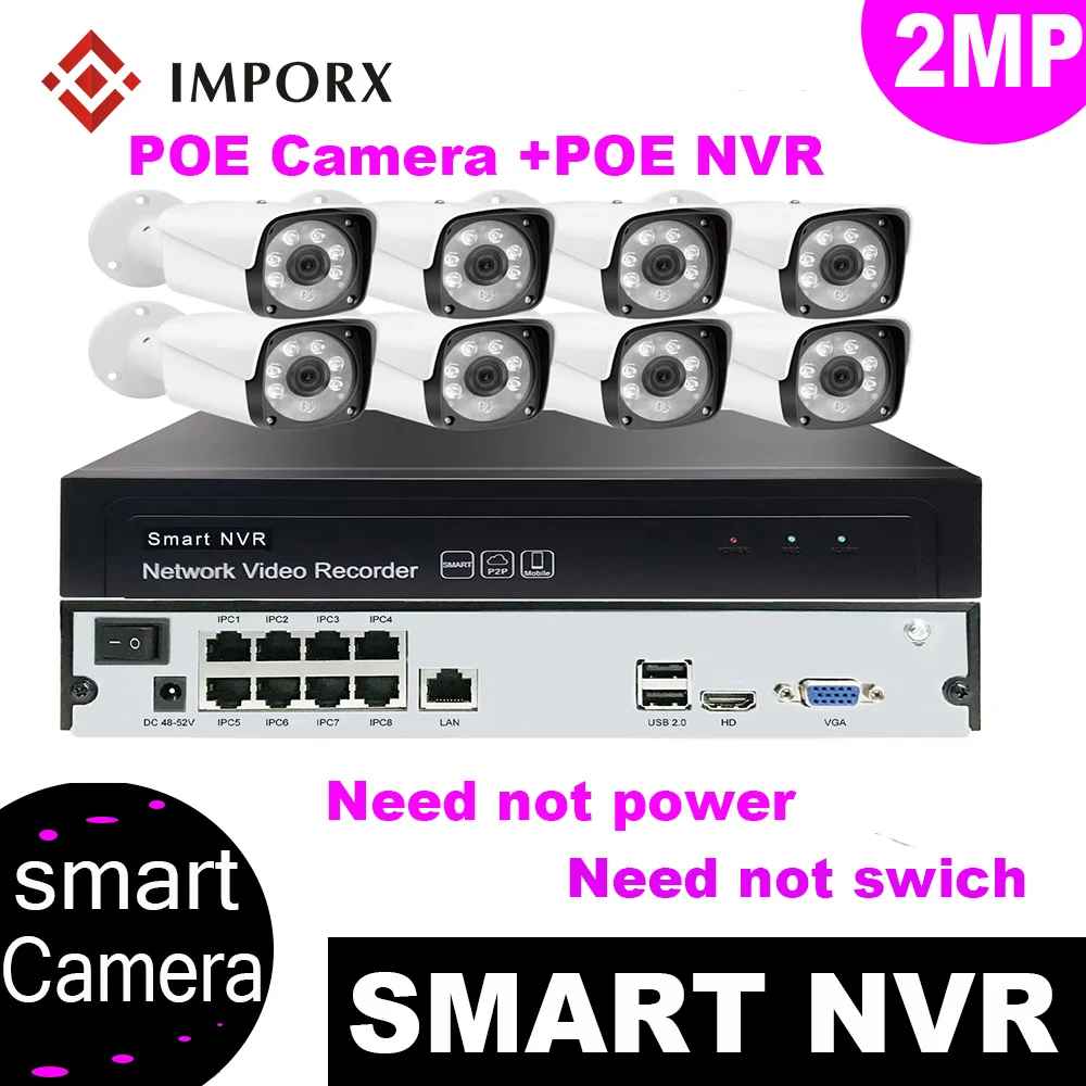 IMPORX HD 8CH 2.0MP POE камера безопасности Системы комплект H.265 IP Камера открытый