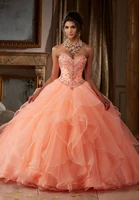 coral elegant quinceanera dresses with frils 2019 real pictures life sexy crystal organza sweet 15 16 prom gowns for pageant