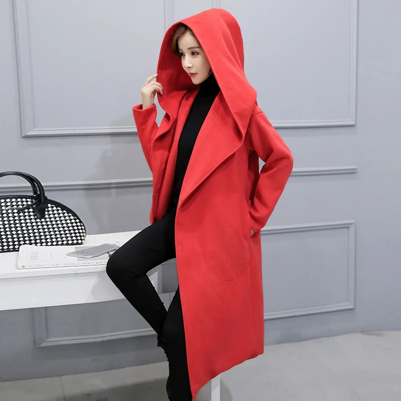 Повседневное длинное зимнее модное шерстяное пальто с широкой талией капюшоном