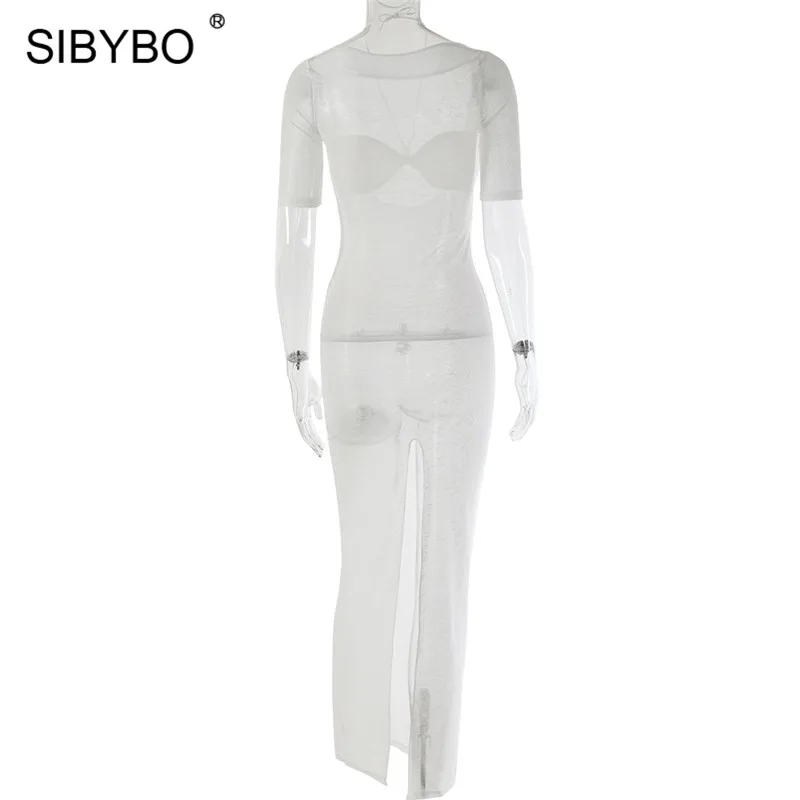 Женское прозрачное вечернее платье Sibybo, белое обтягивающее платье без бретелек, с вырезами, длинное платье для ночного клуба, для ношения летом