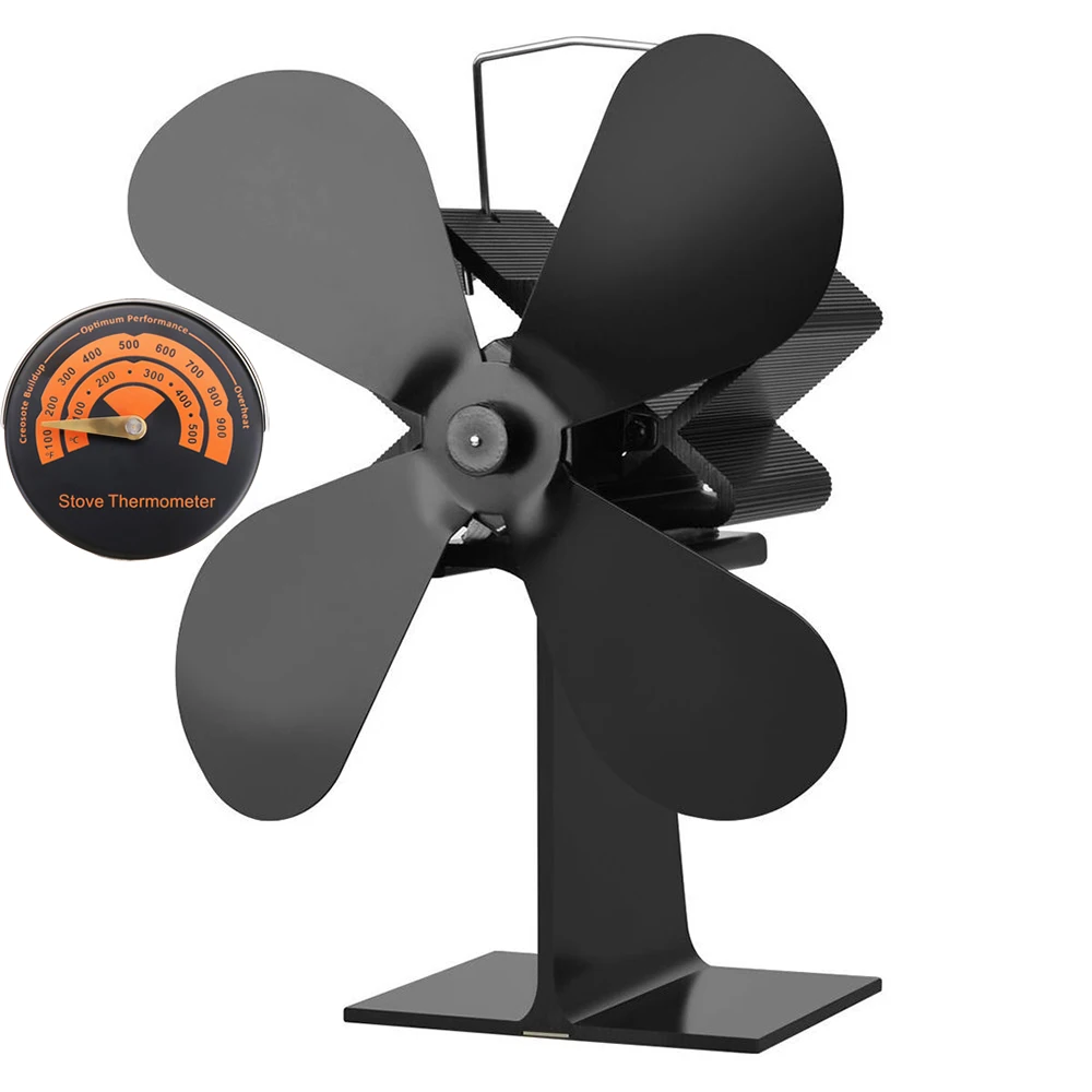 

Chimney Tool 4-Blades Stove Fan Silent Operation Large Size Heat Powered Fireplace Fan With Stove Thermometer For Wood/Log Burne